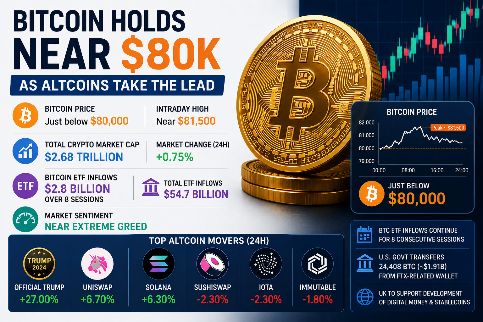 Bitcoin holds near $80,000 as altcoins gain momentum across the crypto market
