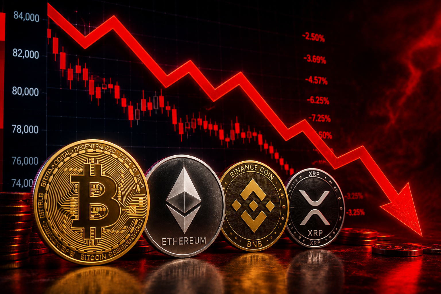 Bitcoin and major cryptocurrencies falling during a broad digital asset market sell-off as leveraged positions are liquidated.