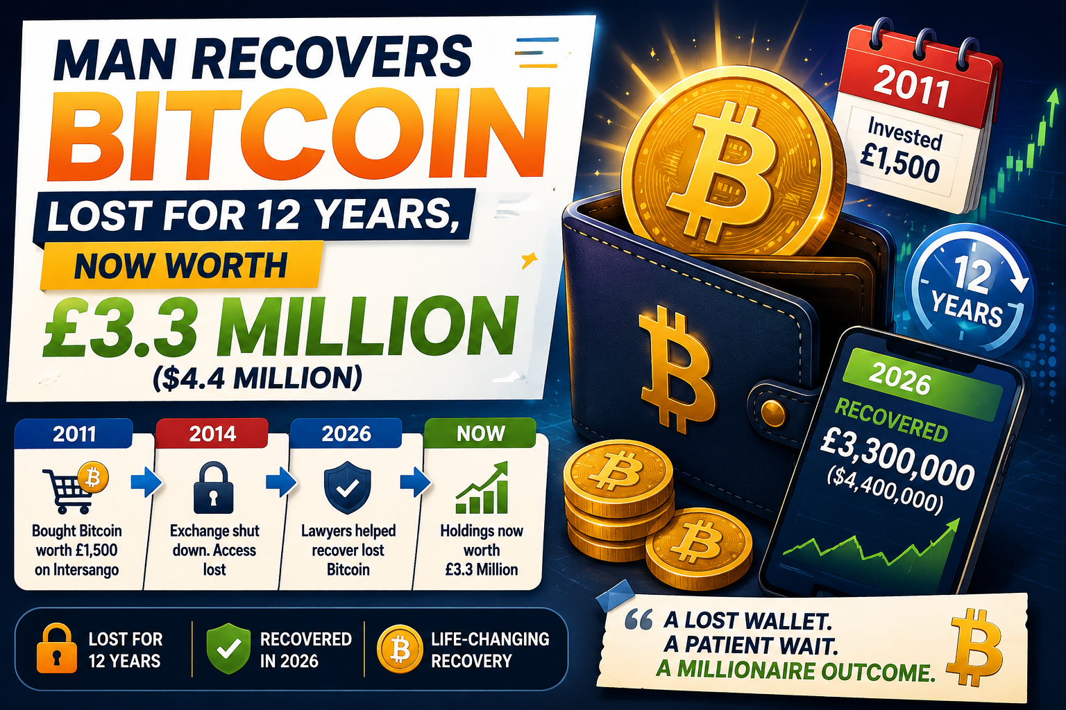 British man recovers Bitcoin lost for 12 years, with his original £1,500 investment now worth £3.3 million.